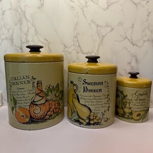 Vintage Ransburg Tin Canister set gold orange green MCM Italian Swedish English
